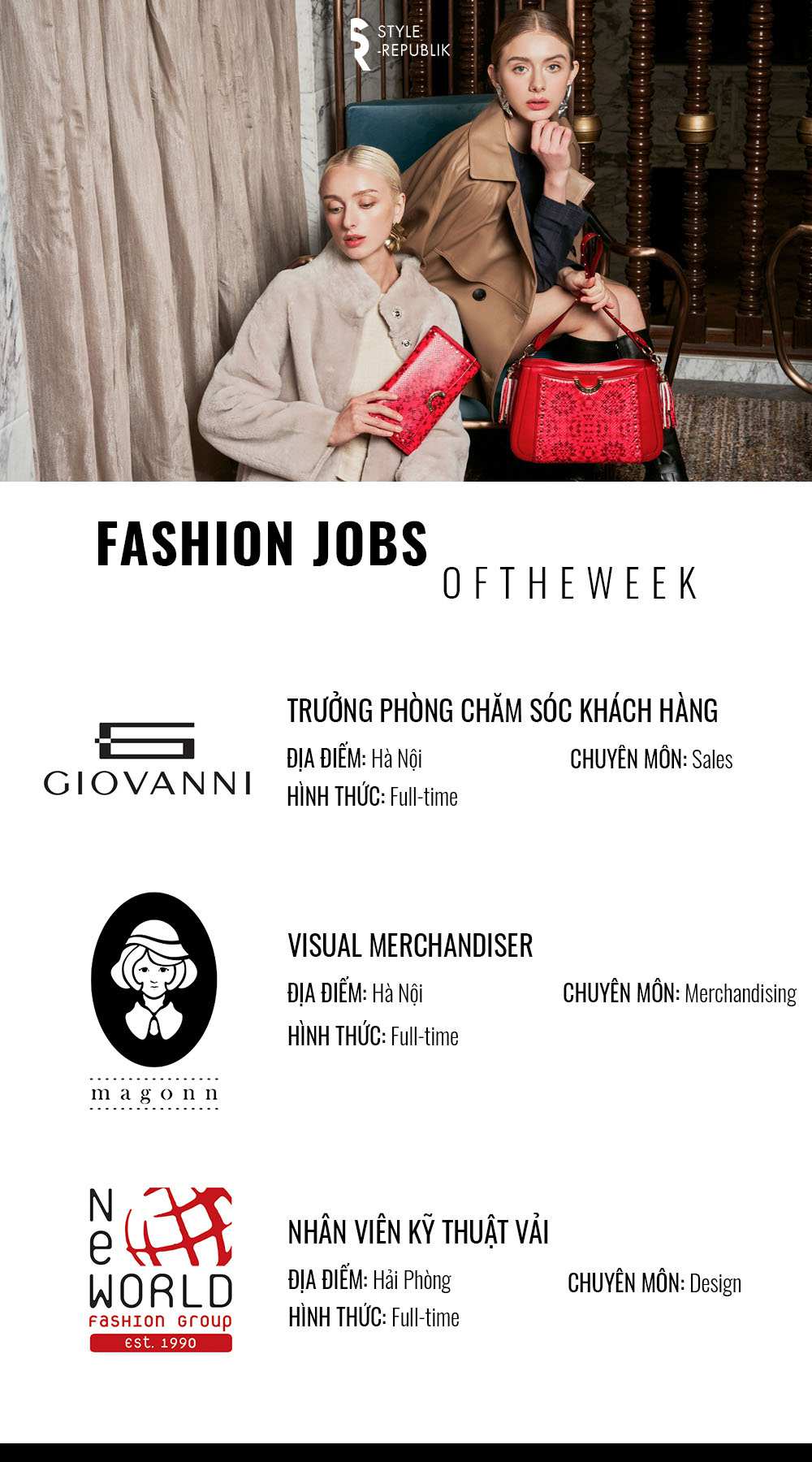 [Fashion Jobs of the Week] Việc làm thời trang tại Giovanni, Magonn và New World Fashion